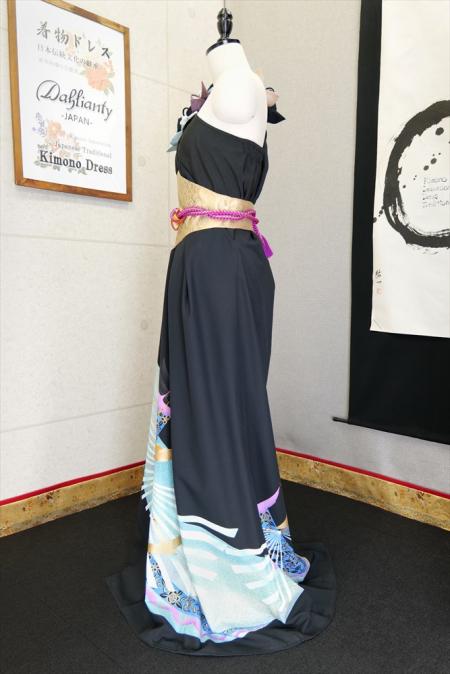 着物ドレス 黒・水色 留袖 ワンピース [鶴]8