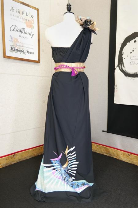着物ドレス 黒・水色 留袖 ワンピース [鶴]11