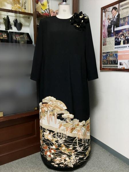 留袖ドレス 黒 ワンピースタイプ [花、扇]1