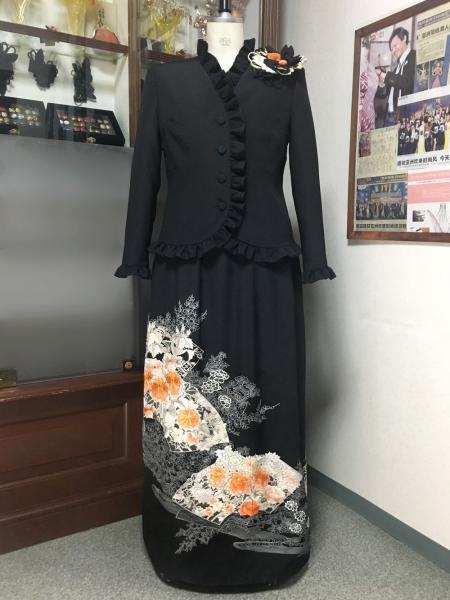 留袖ドレス 黒・橙 2ピース [花、扇]28