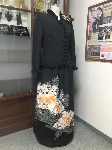 留袖ドレス 黒・橙 2ピース [花、扇]4