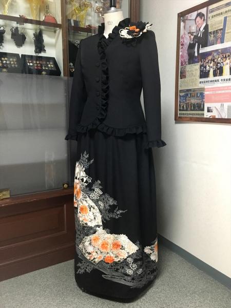 留袖ドレス 黒・橙 2ピース [花、扇]17