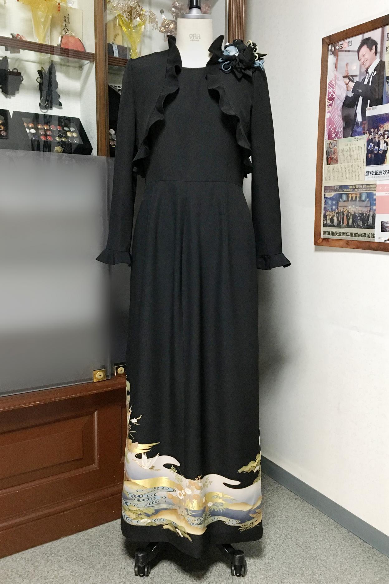 留袖ドレス 黒・青 アンサンブル [鶴、松]