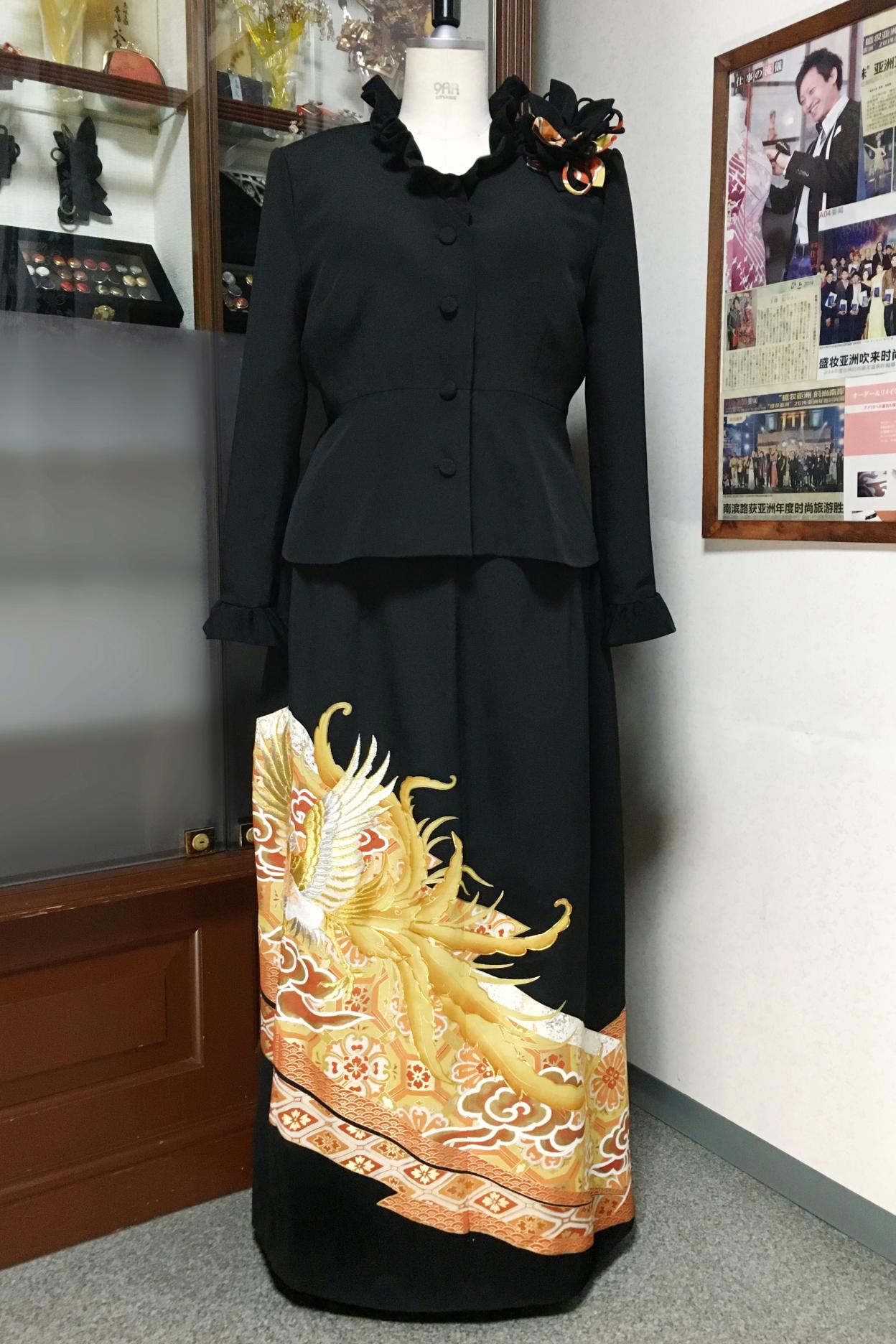 留袖ドレス 黒・橙 2ピース [鳳凰・花] | 着物ドレス・留袖ドレス