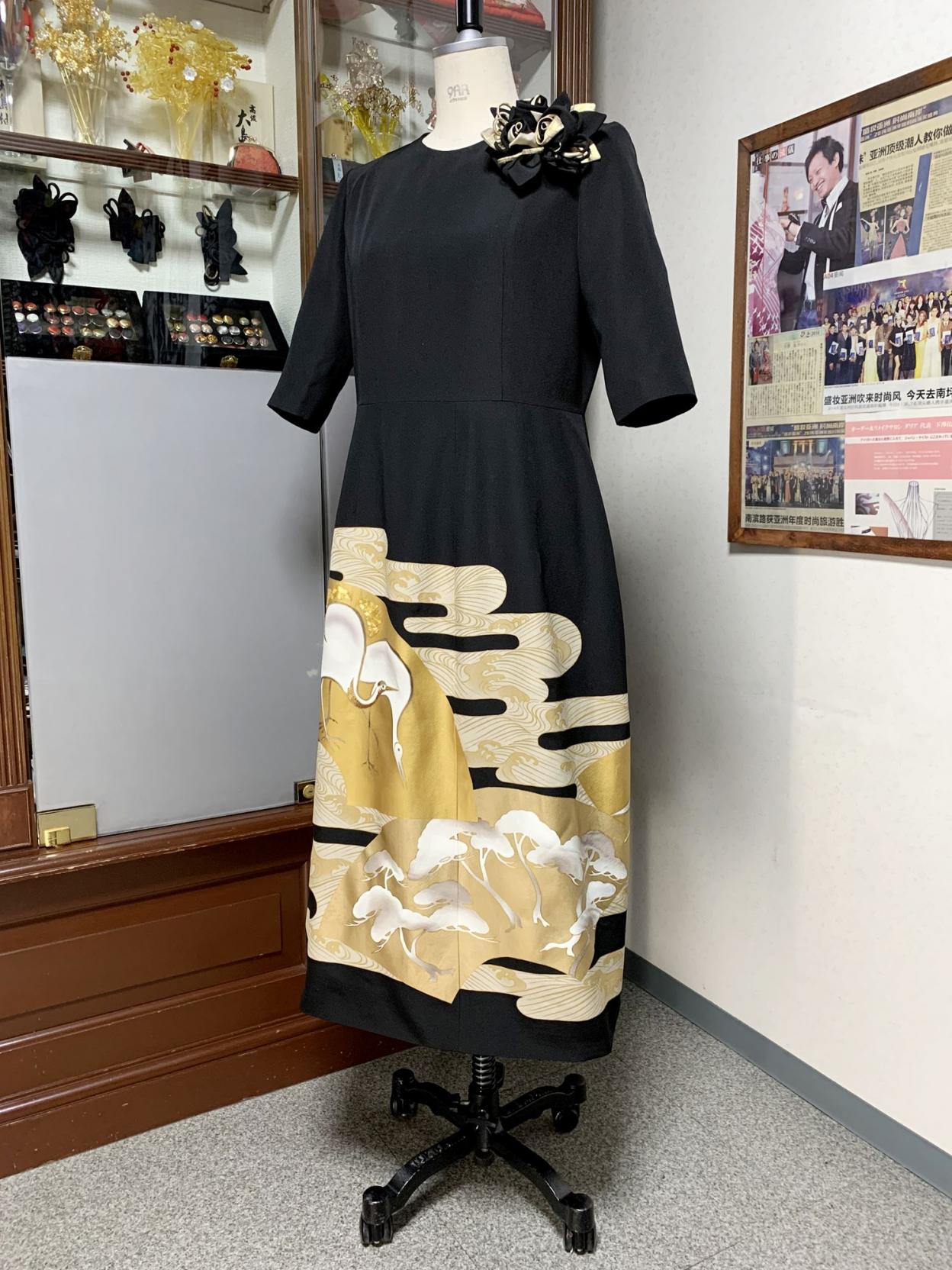 留袖ドレス 黒・金 ワンピース [鶴] | 着物ドレス・留袖ドレス 