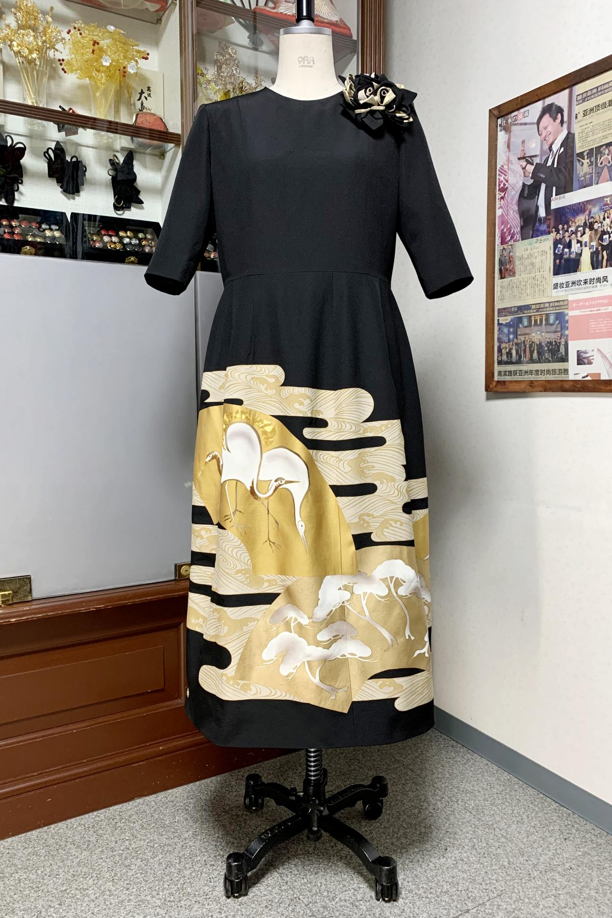 留袖ドレス 黒・金 ワンピース [鶴] | 着物ドレス・留袖ドレス 