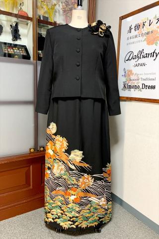 留袖ドレス 黒・橙・緑 2ピース [花]