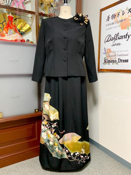 留袖ドレス 黒・緑 2ピース [花、扇]1