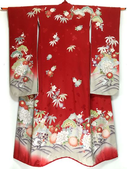 No.02008Furisode Red [Flower] Silk<br>Used Kimono