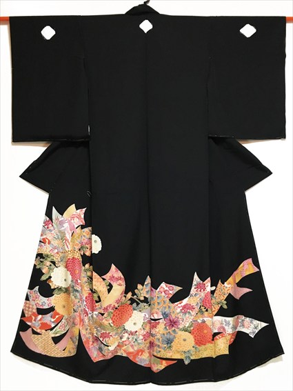 No.04086Tomesode Navy blue, Red [Flower] Silk Unused temporary tailoring