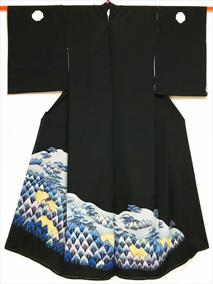 No.04087Tomesode Blue [Landscape] Silk Unused temporary tailoring