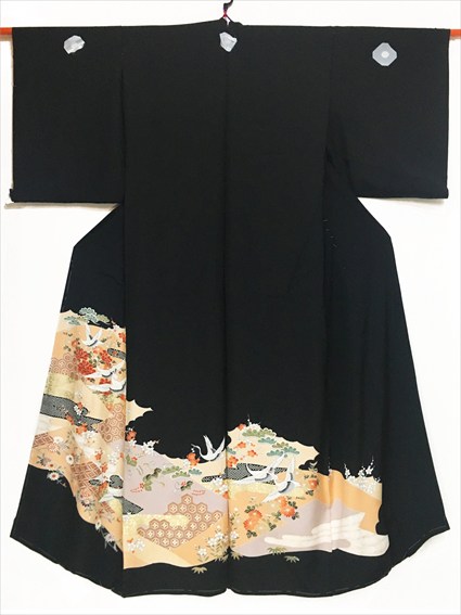 No.04095Tomesode Orange [Crane] Silk Unused temporary tailoring