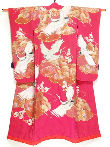 No.01020Uchikake Pink [Crane] Silk<br>Used Kimono