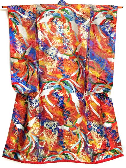 No.01032Uchikake Red Blue [Phoenix] Silk<br>Used Kimono