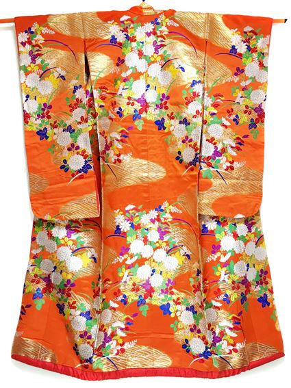 No.01042打掛 橙 [花] ポリエステル<br>中古のお着物