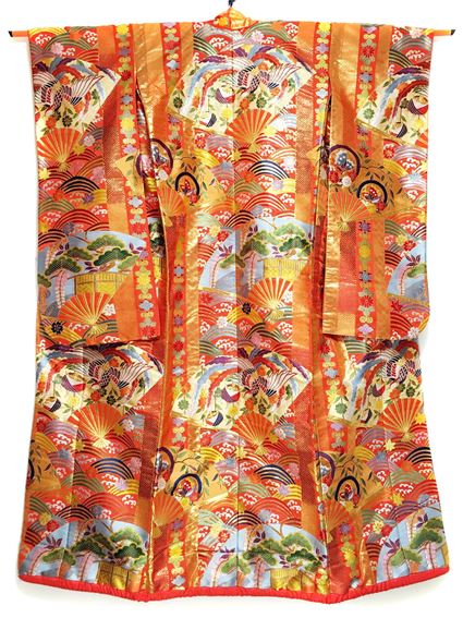 No.01043打掛 赤、金 [扇] 絹<br>中古のお着物